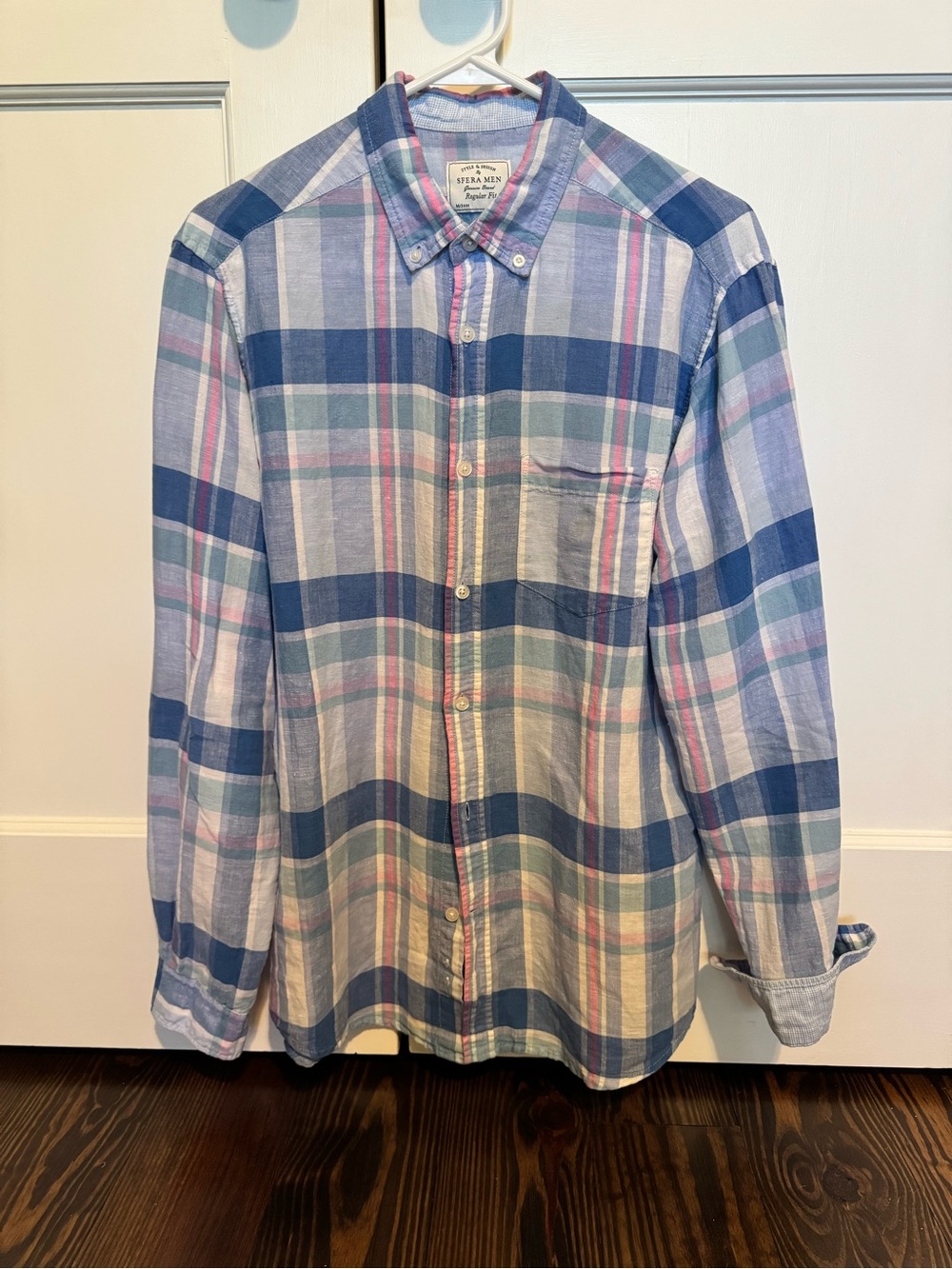 Men's Blue and Pink Plaid Button-Down Shirt